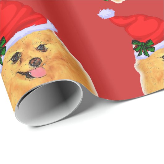 Papier Cadeau Noël de Cute Pomeranian Père Noël (Coin rond)