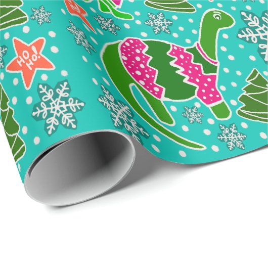 Papier Cadeau Noël de dinosaure turquoise (Coin rond)