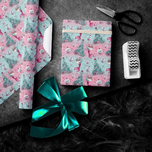 Papier Cadeau Noël de la mère | Bas et arbres Turquoise rose
