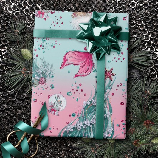 Papier Cadeau Noël de la mère | Bas et arbres Turquoise rose