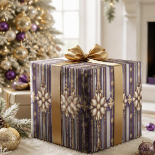 Papier Cadeau Noël de luxe violet et doré rayé