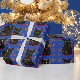 Papier Cadeau Noël du chat Meowy flocons d'or mousseux