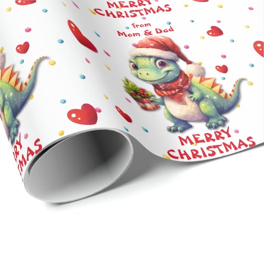 Papier Cadeau Noël du mignon Père Noël Dinosaur Enfants (Coin rond)