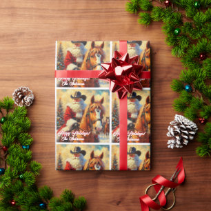 Papier Cadeau Noël du Père Noël occidental et du Cheval