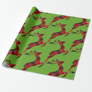 Papier Cadeau Noël écossais aux rennes de Tartan rouge