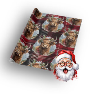 Papier Cadeau Noël écossais Tartan rouge foncé Highlander Cow