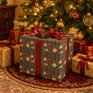Papier Cadeau Noël élégant à carreaux bordeaux et poinsettia