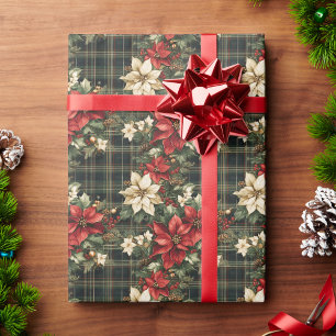 Papier Cadeau Noël Élegant Carreaux Verts Poinsettias Rouges