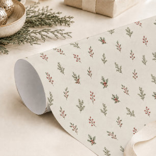 Papier Cadeau Noël Élégant Feuillage de Fêtes Rouge et Vert