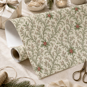Papier Cadeau Noël Élégant Feuillage Rouge et Vert de Fête