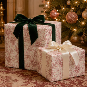 Papier Cadeau Noël Élégant Feuillage Rouge Verdure Fêtes