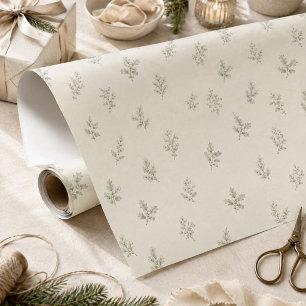 Papier Cadeau Noël Élégant Feuillage Vert Simple