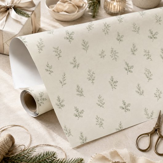 Papier Cadeau Noël Élégant Feuillage Vert Simple