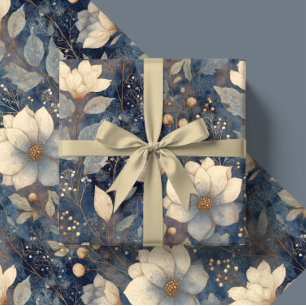 Papier Cadeau Noël Élégant Fleurs Crème Et Bleu Marine Hiver