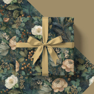 Papier Cadeau Noël Élégant Floral Hivernal Vert et Crème