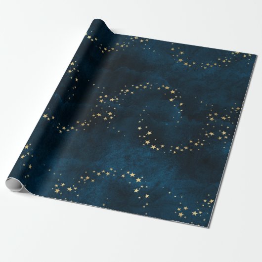 Papier Cadeau Noël élégant or étoiles motif bleu w (Déroulé)