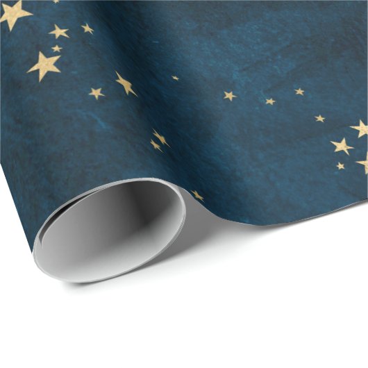 Papier Cadeau Noël élégant or étoiles motif bleu w (Coin rond)