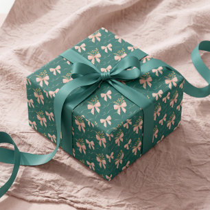Papier Cadeau Noël Élégant Ruban Rose & Vert Aquarelle