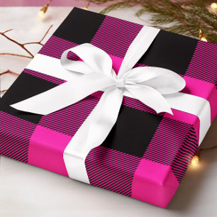 Papier Cadeau Noël en carreaux de buffle rose chaud et noir