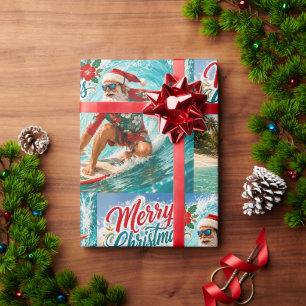 Papier Cadeau Noël en surf avec le Père Noël