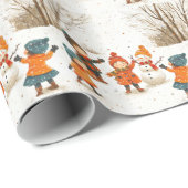 Papier Cadeau Noël,Enfants heureux pendant les fêtes dans la nei (Coin rond)