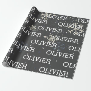 Papier Cadeau Noël Envelopper des flocons de neige Nom gris Fest