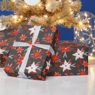 Papier Cadeau Noël Festif hiver Rouge rose floral