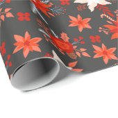 Papier Cadeau Noël Festif hiver Rouge rose floral (Coin rond)