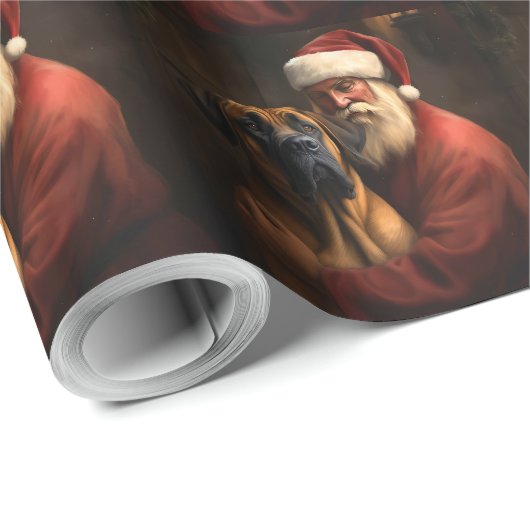 Papier Cadeau Noël festif Rhodesian Ridgeback Santa Claus (Coin rond)