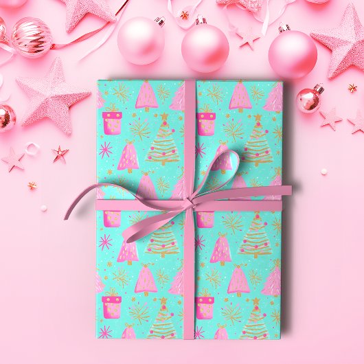 Papier Cadeau Noël festif rose et aqua