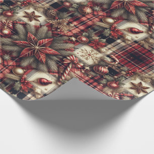 Papier Cadeau Noël Festif vintage Botanique Verdure Plaid