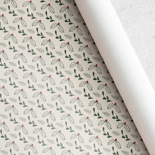 Papier Cadeau Noël Feuillage Baie de Houx Beige Rustique