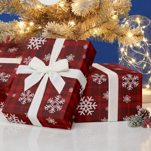 Papier Cadeau Noël flocon de neige à carreaux rouges