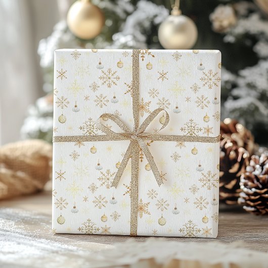 Papier Cadeau Noël Flocon de Neige Luxe Blanc & Or