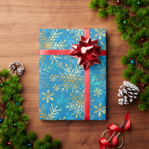 Papier Cadeau Noël Flocons de Neige Hiver Bleu Or Argent
