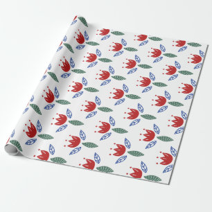 Papier Cadeau Noël floral bleu rouge scandinave de motif