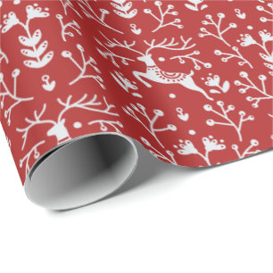 Papier Cadeau Noël floral des rennes blancs rouges scandinaves