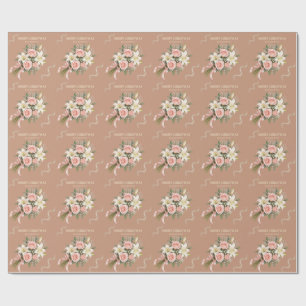 Papier Cadeau Noël floral élégant avec roses et lys blush