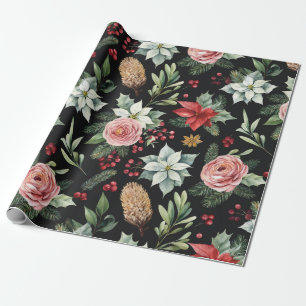Papier Cadeau Noël floral foncé moderne