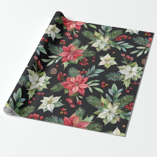 Papier Cadeau Noël floral foncé moderne (Déroulé)