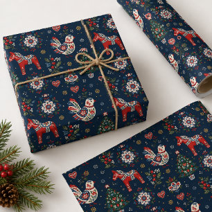 Papier Cadeau Noël folklorique scandinave Dala Cheval Oiseaux Na