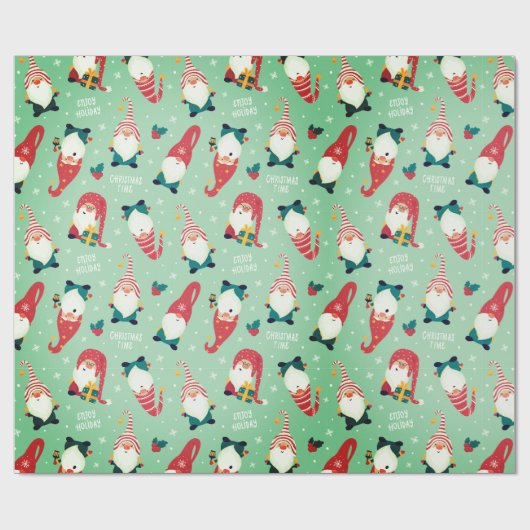 Papier Cadeau Noël - Gnome Whimsical Temps de Noël Vert (Plat)