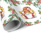 Papier Cadeau Noël Gnomes Holly Wreath Aquarelle Vacances (Coin rond)