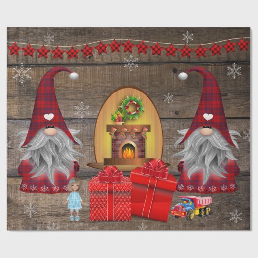 Papier Cadeau Noël Gnomes présente Bois rustique (Plat)