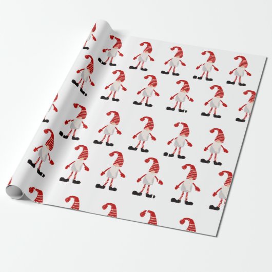 Papier Cadeau Noël Gnomes Rouge Blanc Gris Gris Motif (Déroulé)