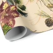 Papier Cadeau Noel Gold Reindeer Poinsettia Motif (Coin rond)