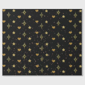 Papier Cadeau Noël Gold Stars Coeurs d'or en Motif noir (Plat)