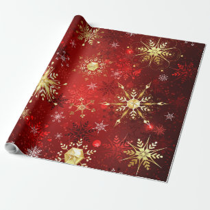 Papier Cadeau Noël Golden Snowflakes sur Arrière - plan rouge