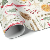 Papier Cadeau Noël Holly Berry Cinnamon Orange Red Ribbon (Coin rond)