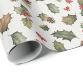 Papier Cadeau Noël holly et pin rustique (Coin rond)